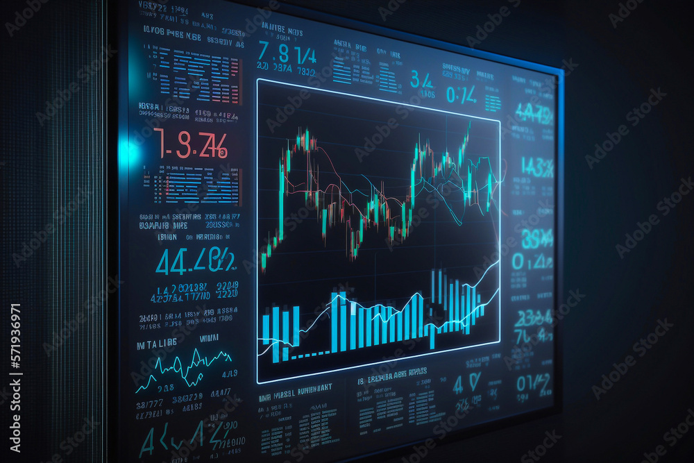 Trading chart with statistic data and market quotes on digital screen ...