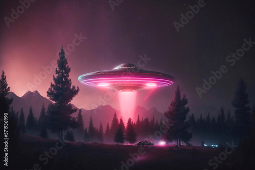 UFO flying spaceship. Flying saucer. Alien spaceship. Futuristic unknown flying object. Generative AI