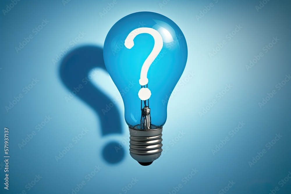 Light bulb with question mark, blue background. Generative AI