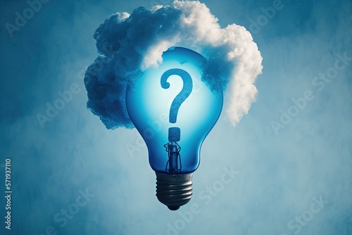 Light bulb with question mark, blue background. Generative AI