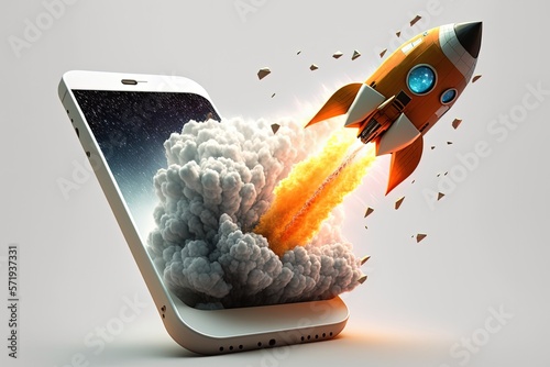 Stampa su tela Rocket on coming out of mobile screen, cell phone, startup concept, white background