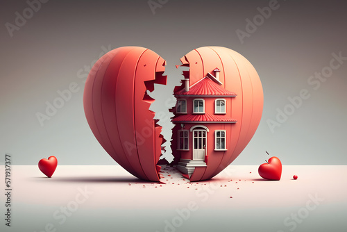 Heart shaped apartment is torn in half. Concept division of jointly acquired property in marriage, separation of house during divorce of family. Generation AI