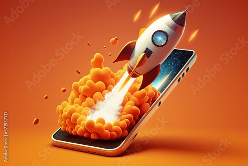 Fototapete Rocket on coming out of mobile screen, cell phone, startup concept, orange background