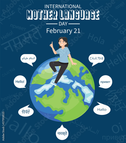 International Mother language day. February 21 Mother language day with girl and globe.