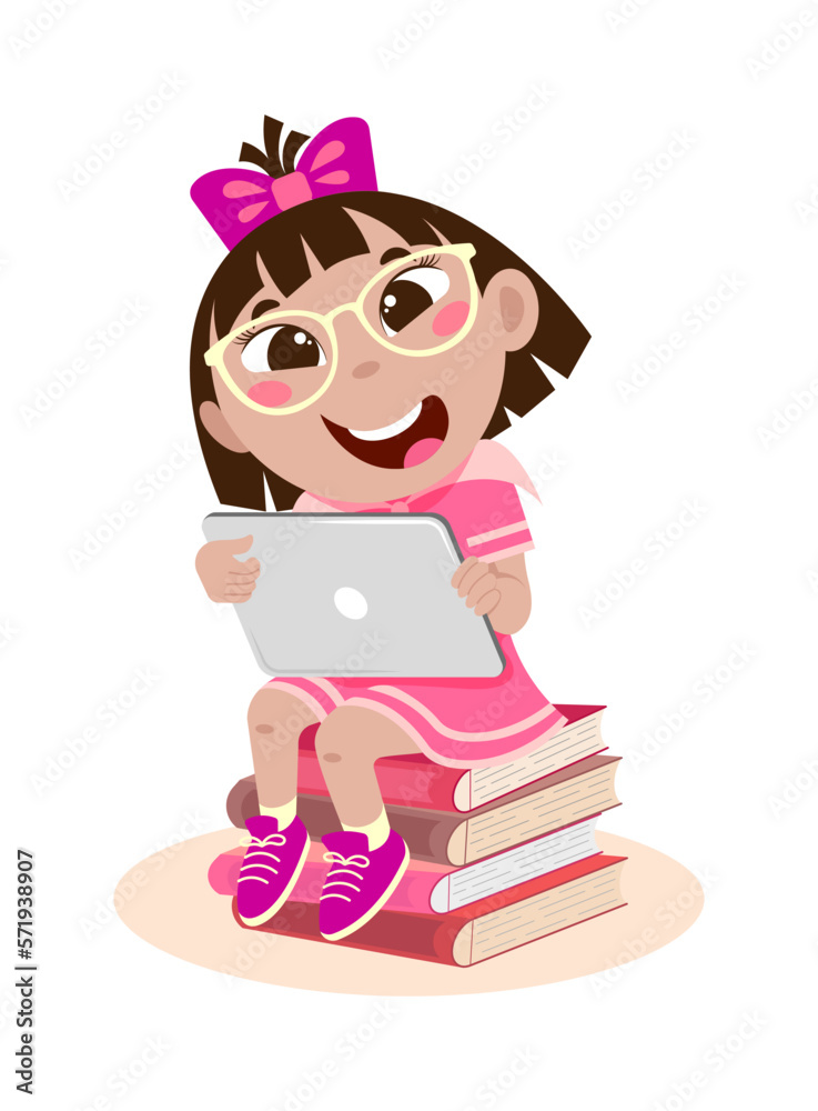 Girl with a tablet studying online sitting on a stack of textbooks on a white background