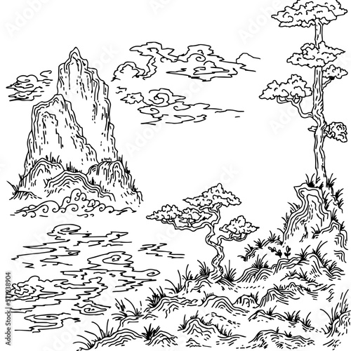 Design Asian Landscape Painting Outline