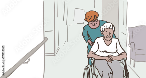 Femme âgée dans un fauteuil roulant dans un EHPAD poussée par une infirmière 