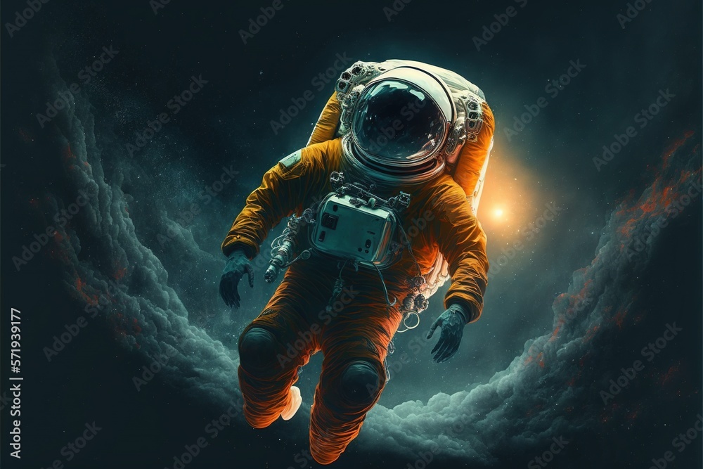 Fototapeta premium Astronaut wearing orange suit floating in space with stars, created using generative ai technology