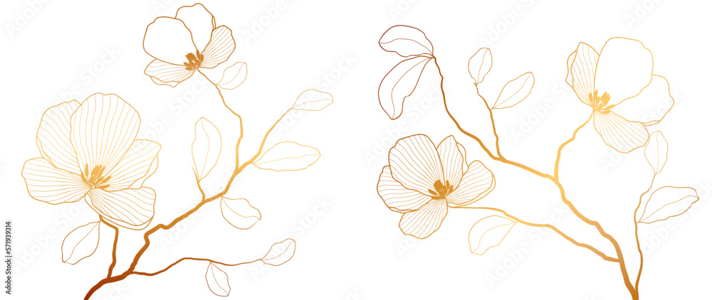 Luxurious floral botanical pattern on a white background. Elegant vector gold line wallpaper of flowers, leaves, foliage, branches hand drawn. Frame design with golden flower for invitation, fabric