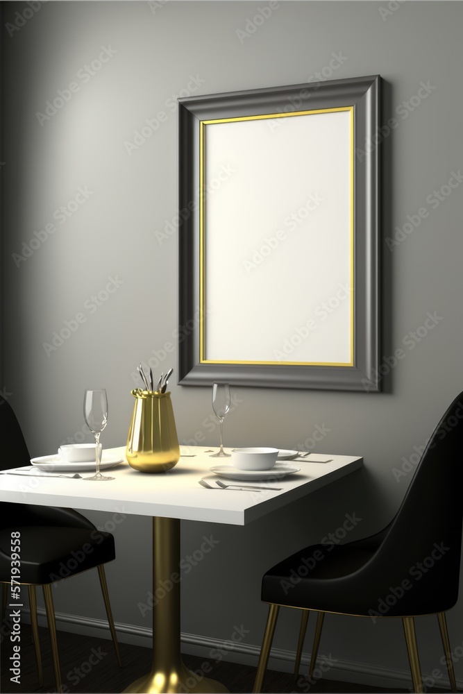 Dinner table with blank photoframe on wall with copy space, created using generative ai technology Dinner table with blank photoframe on wall with copy space, created using generative ai technology