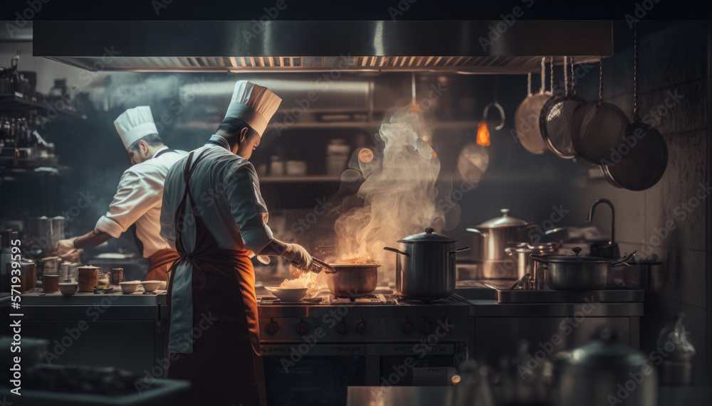 Gourmet chefs in uniform cook in the kitchen. Generative AI - obrazy, fototapety, plakaty 