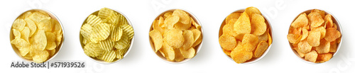 Set or collection of different flavor potato chips or crisps