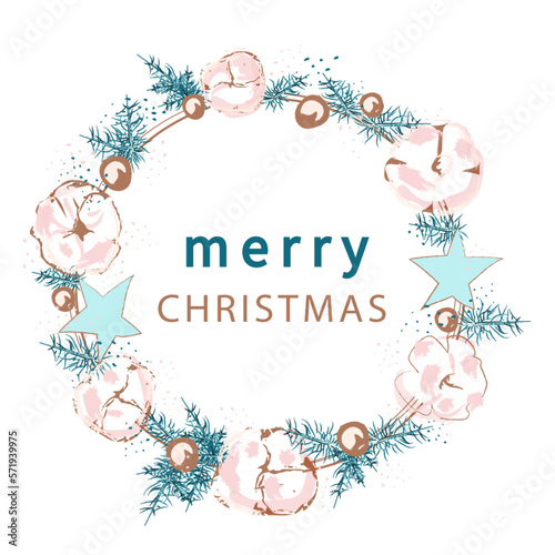 Wreath with cotton flowers and branches. Christmas round decor. Vector illust...