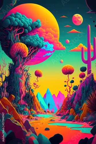 Colourful and psychedelic planet with mountain  man and tree  created using generative ai technology