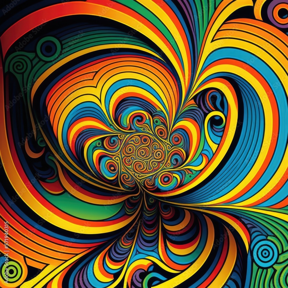 Colourful and psychedelic shapes on black background, created using generative ai technology Colourful and psychedelic shapes on black background, created using generative ai technology