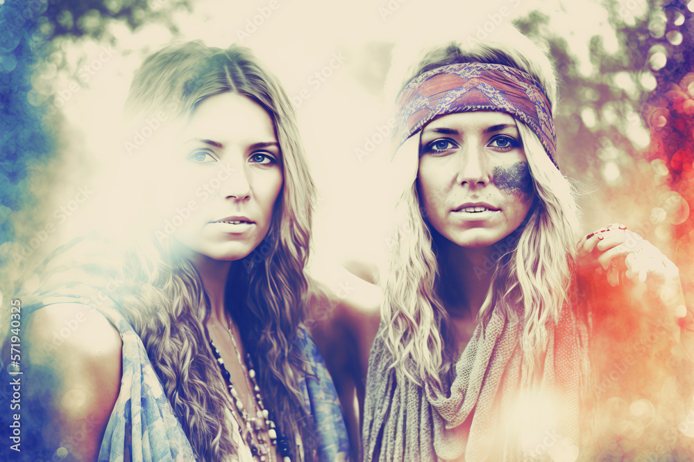 Outdoor half body portraits of two young beautiful sisters wearing boho style clothes. Women with long hair. AI generative image. Outdoor half body portraits of two young beautiful sisters wearing boho style clothes. Women with long hair. AI generative image.