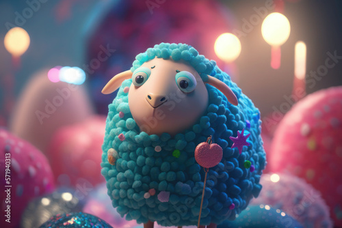 cute sheep celebrates birthday. ram near balloons and a cake with candles. ai generative