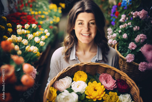 lucky girl in a nursery holding flowers, generative ai photo