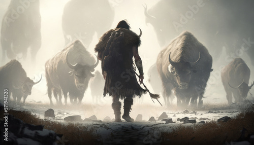 A Neanderthal dressed in animal furs with a spear in hand, on the hunt for prey in the wild forest, generative ai photo