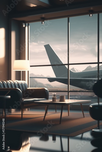 Airport with armchairs, coffee table and plane outside window created using generative ai technology
