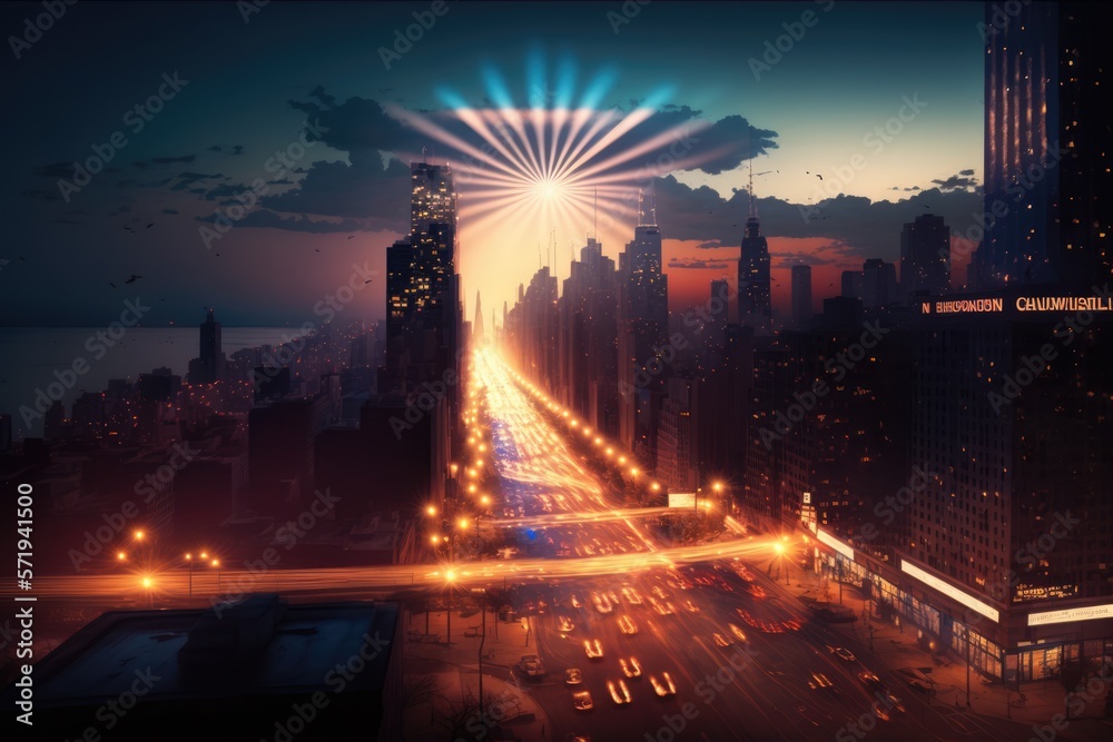Cityscape with lit streets at sunset, created using generative ai technology