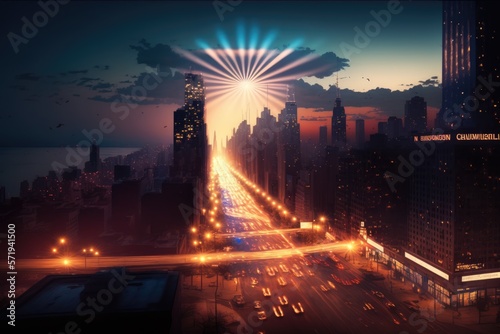 Cityscape with lit streets at sunset  created using generative ai technology