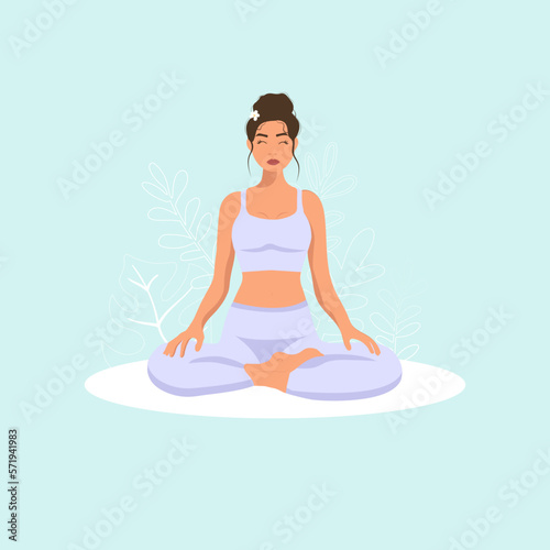  Female cartoon character sitting in lotus posture and meditating. Girl with crossed legs. Colorful flat vector illustration with plants. Faceless poster of young pretty woman for yoga center. (ID: 571941983)