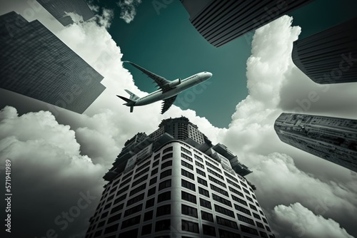 Cityscape of modern skyscrapers over airplane on sky and clouds, created using generative ai technology
