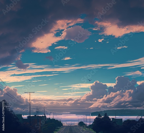 Landscape of blue sky and clouds over coast with road and sea, using generative ai technology © Future Vision