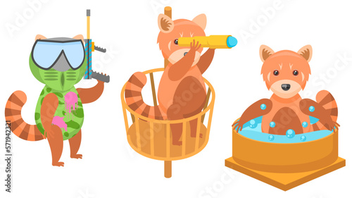 Fototapeta Naklejka Na Ścianę i Meble -  Set Abstract Collection Flat Cartoon Different Animal Red Pandas Playing Paintball, Enjoying In The Jacuzzi, In A Crow's Nest Looking Through A Spyglass Vector Design Style Elements Fauna Wild