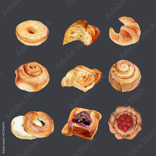 Set of pastries in watercolor style vector illustration