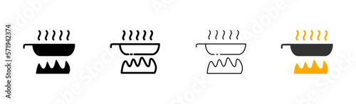 Pan on fire line icon. Soup pot, cook, boil, stew, food, first course, kitchen, chef, dinner, eat, restaurant. Cooking concept. Vector icon in line, black and colorful style on white background