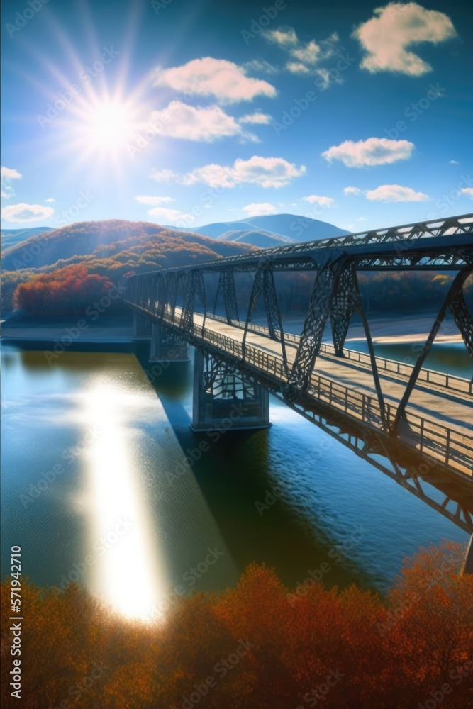 Fototapeta premium Vertical image of landscape, clouds over hills and bridge, created created using generative ai technology.