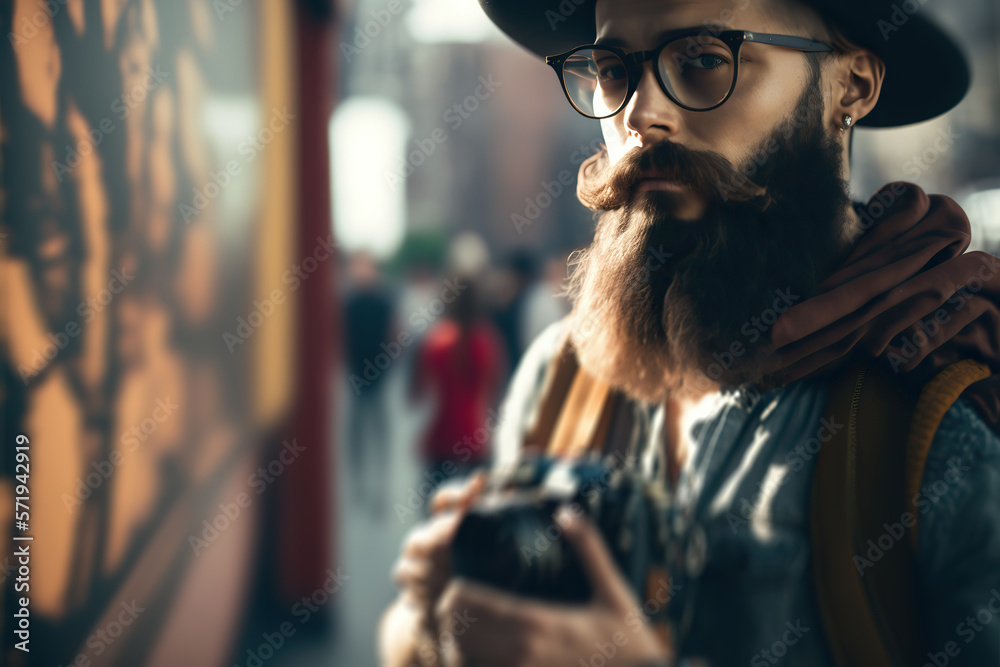 Portrait of an attractive and handsome hipster photographer with camera with stylish hair and beard wearing glasses, hat and casual cloth. Selective focus. AI generative..