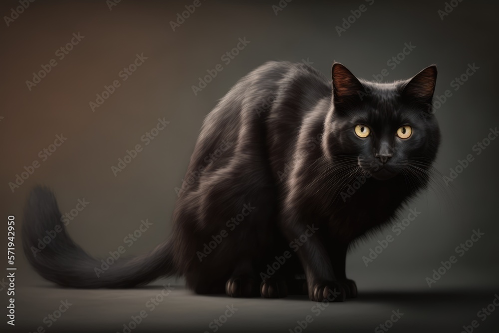 Black cat with yellow eyes on black background created using generative ai technology