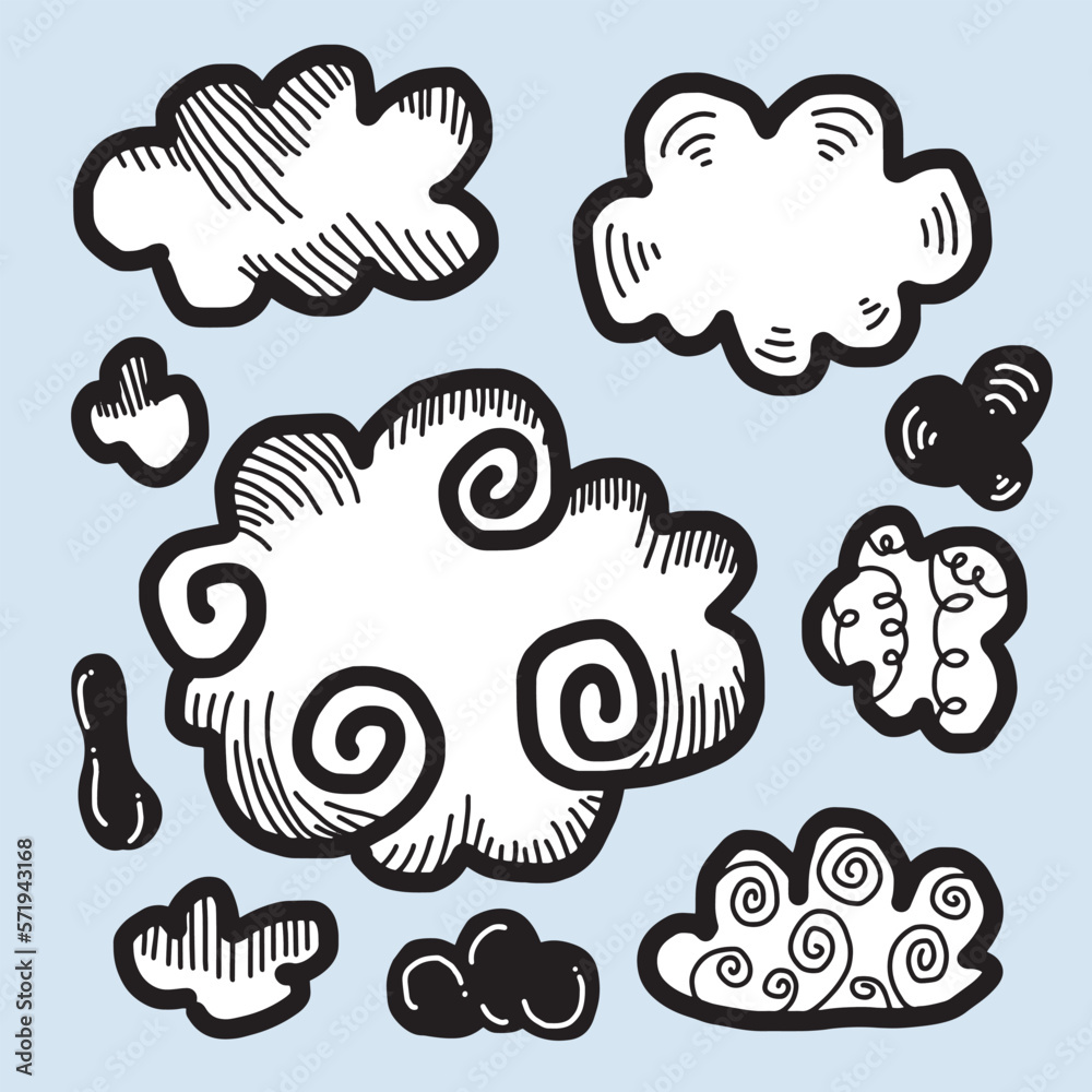 Hand drawn clouds collection. Flat style vector illustration.