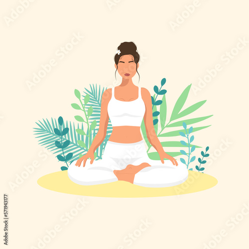  Female cartoon character sitting in lotus posture and meditating. Girl with crossed legs. Colorful flat vector illustration with plants. Faceless poster of young pretty woman for yoga center. (ID: 571943177)