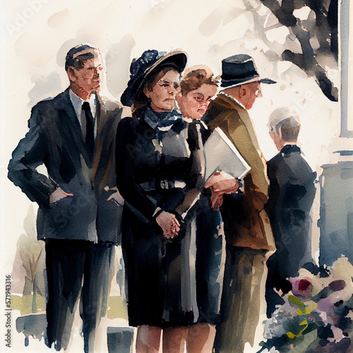 Grieving family wearing black clothing at a funeral. AI Generative Art.