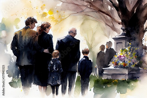 Grieving family wearing black clothing at a funeral. AI Generative Art.