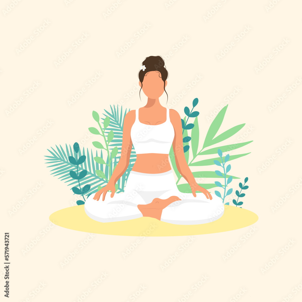  Female cartoon character sitting in lotus posture and meditating. Girl with crossed legs. Colorful flat vector illustration with plants. Faceless poster of young pretty woman for yoga center.