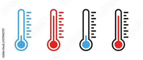 Thermometers set icon. Different levels of temperature, climat control, air, warm, cold, weather conditions, fever, sickness, illness, technology. Vector line icon on white background