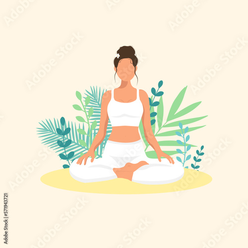  Female cartoon character sitting in lotus posture and meditating. Girl with crossed legs. Colorful flat vector illustration with plants. Faceless poster of young pretty woman for yoga center. (ID: 571943721)
