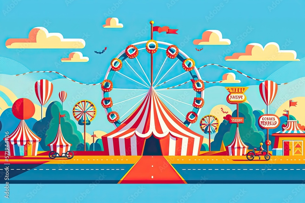 a small a road at the middle center leading to a circus carnival, a small a road at the middle center leading to a circus carnival,