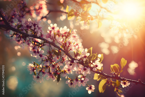 Spring blossom background. Nature scene with blooming tree and sun flare. Spring flowers. Beautiful orchard Photography made with Generative AI
