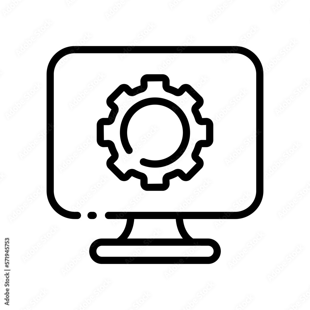 Computer monitor with a gear line icon. Settings, control panel, adjust, laptop, configuration, personal, service centre, install. Vector line icon isolated on white background Computer monitor with a gear line icon. Settings, control panel, adjust, laptop, configuration, personal, service centre, install. Vector line icon isolated on white background