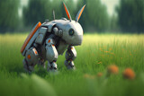 Robot animal kingdom. Robot rabbit in the grass.