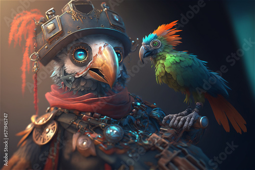 Robot animal kingdom. Robot pirate with pet parrot