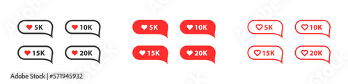 Like for social network set icon. Social media communication, like button, positive comment, 5k. 10k, 15k, 20k, reaction rating. Feedback concept. Vector line icon isolated on white background