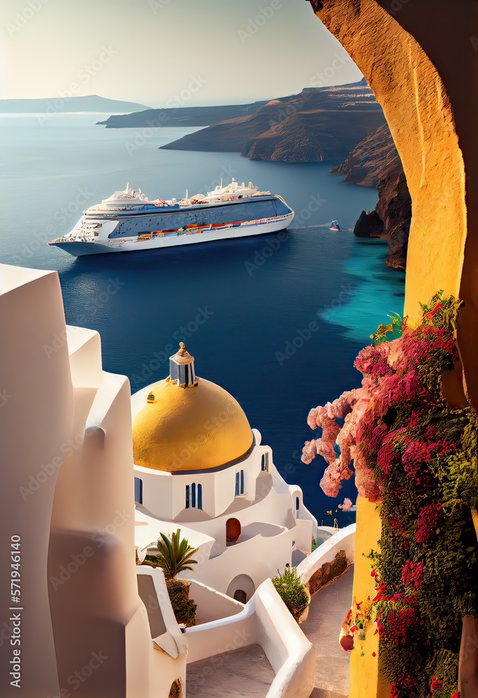 Obraz premium Cruise ship in the Greek islands with a beautiful sunrise, generative AI