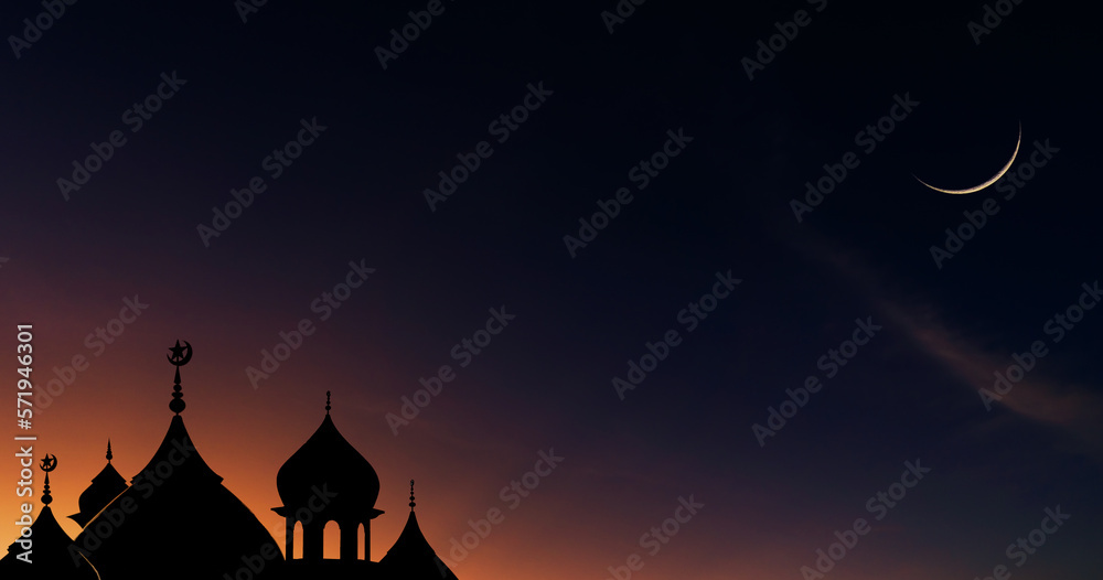 Mosques dome and crescent moon on dusk sky twilight religion of Islamic and free space for text Ramadan Kareem, Eid al Fitr, Eid Mubarak, Eid al Adha, Muharram 